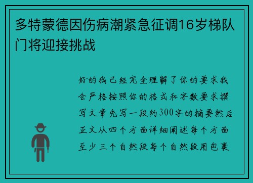 多特蒙德因伤病潮紧急征调16岁梯队门将迎接挑战